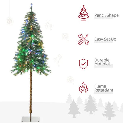 6' Artificial Christmas Tree With Warm White Or Colourful LED Lights, Pencil Shape, Steel Base