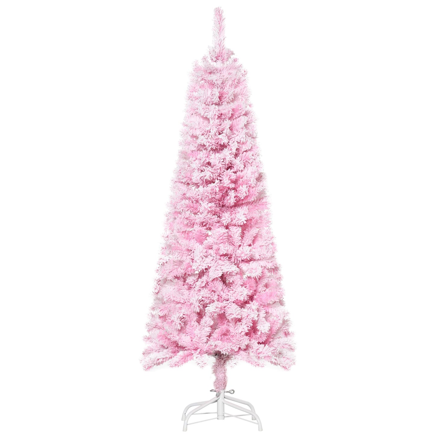 5 FT Snow Flocked Artificial Christmas Tree, Pencil Xmas Tree With Realistic Branches, Auto Open And Steel Base, Pink