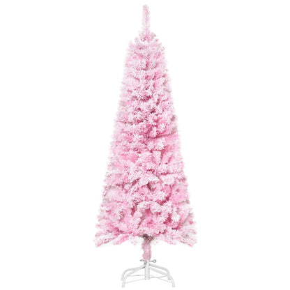 5 FT Snow Flocked Artificial Christmas Tree, Pencil Xmas Tree With Realistic Branches, Auto Open And Steel Base, Pink