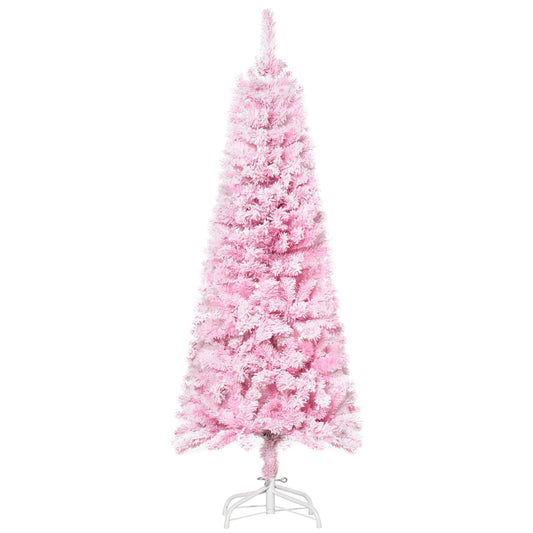 5 FT Snow Flocked Artificial Christmas Tree, Pencil Xmas Tree With Realistic Branches, Auto Open And Steel Base, Pink