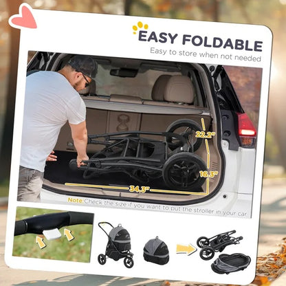 3 In 1 Pet Jogging Stroller For Small Dogs And Cats With Detachable Carrier, Storage Basket, Gray