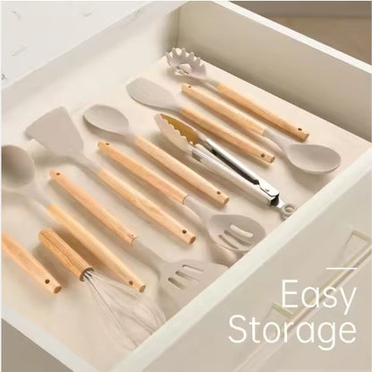 Non-Stick Silicon 12 Pcs Heat Resistant Wooden Handle Kitchen Cooking Utensils Set, Khaki Color