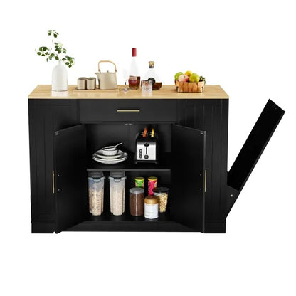 53 Inch Large Kitchen Island With Trash Can Storage Cabinet, Islands Table With Drawer And Adjustable Shelves, Breakfast Bar Cabinet For 13 Gallon Garbage Bin, Black & Oak
