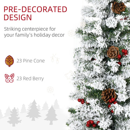 6 Foot Pencil Snow Flocked Artificial Christmas Tree With 600 Pine Realistic Branches, Pine Cones, Red Berries, Auto Open, Green
