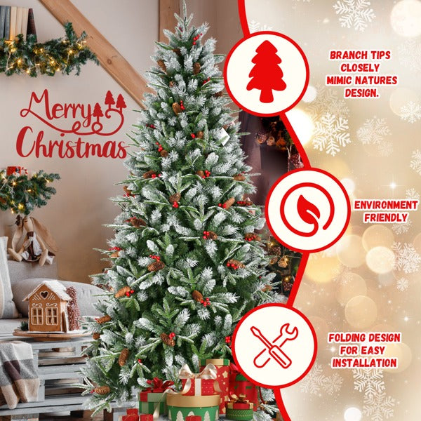 Artificial 5ft Green Christmas Tree With 1113PE PVC Mixed Branch Tips,Red Fruit And Pine Cone,Hinged Premium  Foldable Base For Indoor Holiday Decorating