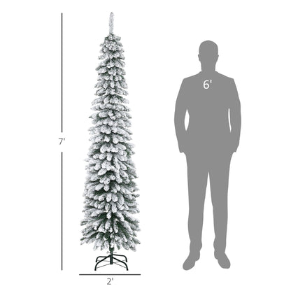 7ft Snow-Flocked Artificial Christmas Tree, Slim Pencil Xmas Tree With 490 Realistic Branches, Metal Base, Green