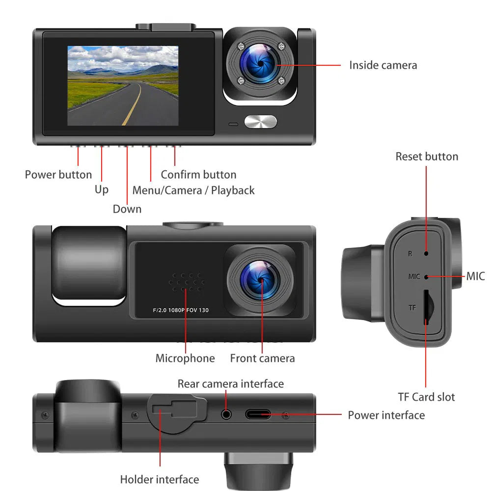Car Dual Lens Dash Cam HD 1080P Front Rear Inside Video Recorder Camera G-Sensor