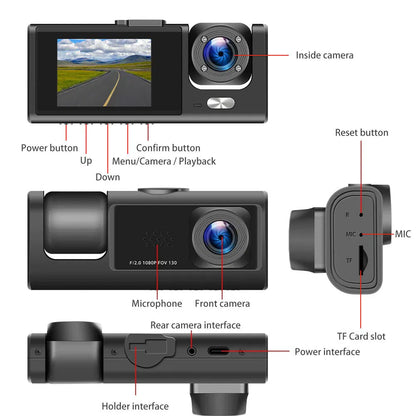 Car Dual Lens Dash Cam HD 1080P Front Rear Inside Video Recorder Camera G-Sensor
