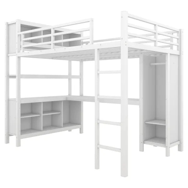 Metal Loft Bed With Wardrobe And L-shaped Desk, Full Size Loft Bed With Storage Cubes And Shelves, Heavy Duty Loft Bed For Kids Teens Adults, White