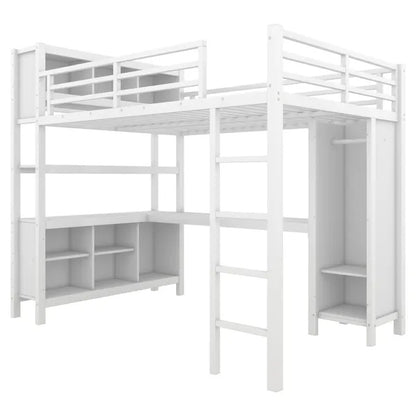 Metal Loft Bed With Wardrobe And L-shaped Desk, Full Size Loft Bed With Storage Cubes And Shelves, Heavy Duty Loft Bed For Kids Teens Adults, White