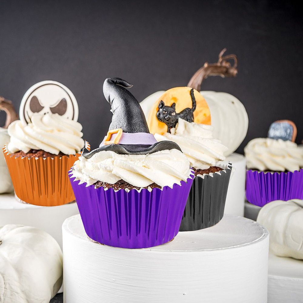 300 Pcs Halloween Foil Cupcake Liners Black Purple Orange Foil Metallic Cupcake Wrappers Halloween Party Standard For Halloween Party Birthday