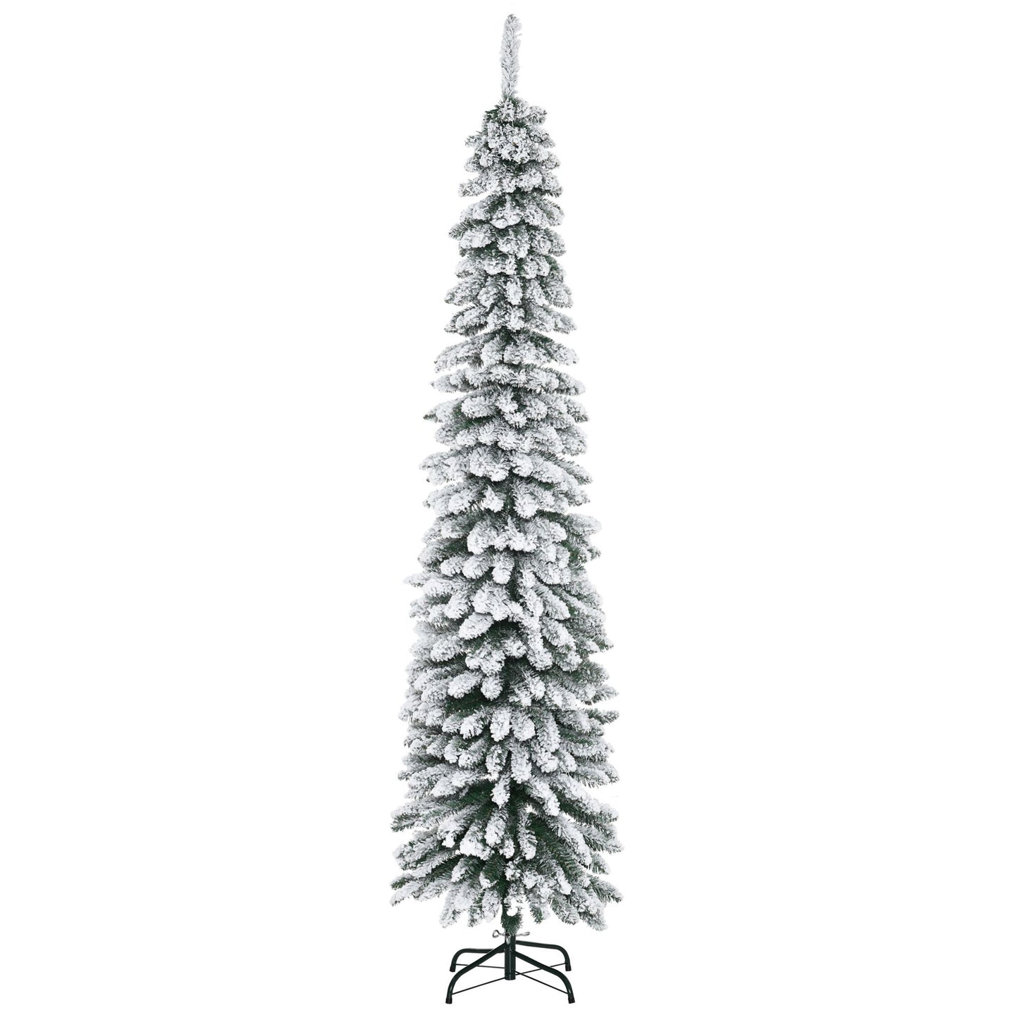 7ft Snow-Flocked Artificial Christmas Tree, Slim Pencil Xmas Tree With 490 Realistic Branches, Metal Base, Green