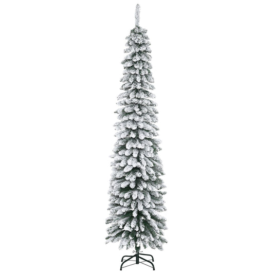 7ft Snow-Flocked Artificial Christmas Tree, Slim Pencil Xmas Tree With 490 Realistic Branches, Metal Base, Green