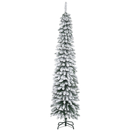 7ft Snow-Flocked Artificial Christmas Tree, Slim Pencil Xmas Tree With 490 Realistic Branches, Metal Base, Green