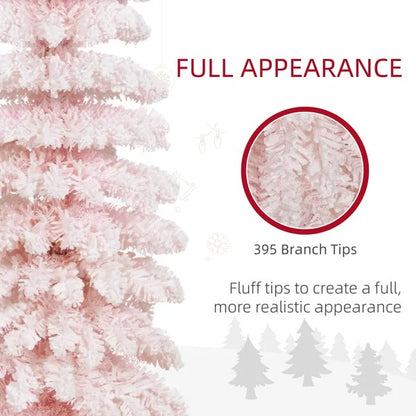 6ft Snow-Flocked Artificial Christmas Tree, Slim Pencil Xmas Tree With 395 Realistic Branches, Metal Base