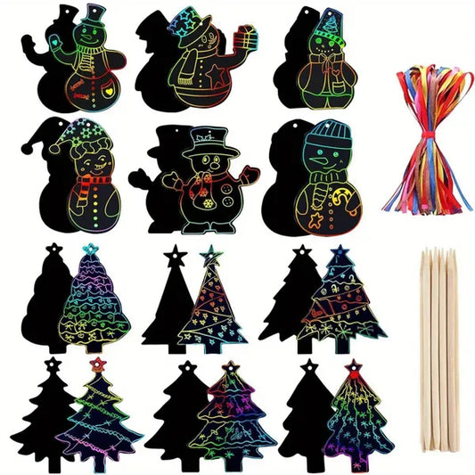 48 Pcs Christmas Scratch Paper Xmas Tree Snowman Shaped Rainbow Color Scratch Ornaments DIY Christmas Crafts Kits With Sticks And Ribbon For Xmas Birthday Winter Party Favors Hanging Decorations