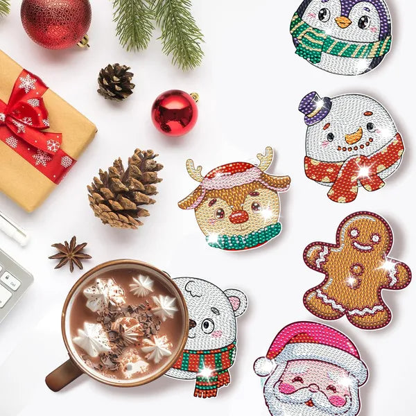 6 Packs Christmas Rhinestones Art Coasters With Holder Snowman Gingerbread Man Penguin Santa Claus Pattern Gift Non Slip Acrylic Cup Coaster 5D DIY Full Drill Rhinestones Dots Art