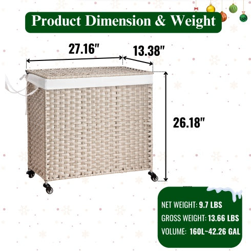 Laundry Hamper With Lid PE Rattan Powder Coating Frame Clothes Hampers With 02 Removable Bags, Wheels, 160L, Gray Color