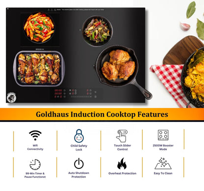 GoldHaus 30" 4-Burner Induction Cooktop, 2500W Boost, WiFi, Touch Slider, Black Kanger Glass