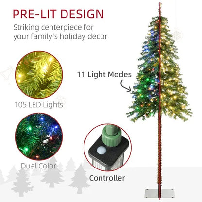 6' Artificial Christmas Tree With Warm White Or Colourful LED Lights, Pencil Shape, Steel Base