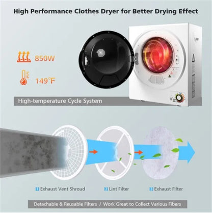 850W Compact Portable Clothes Dryer - 10 Lbs Wet Capacity, 5.5 Lbs Dry Load, Quiet Design  For Apartments Dorms