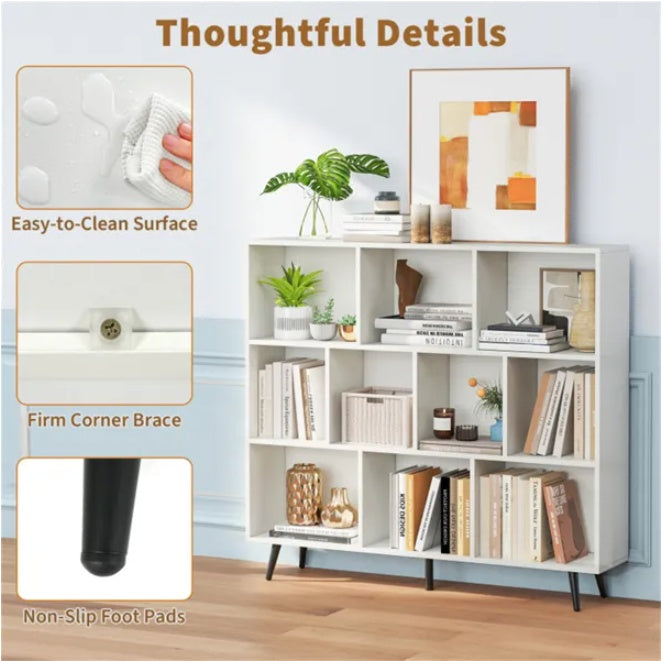 10 Cube Bookcase 3-Tier Modern Storage Organizer With 5 Metal Legs Bookshelves