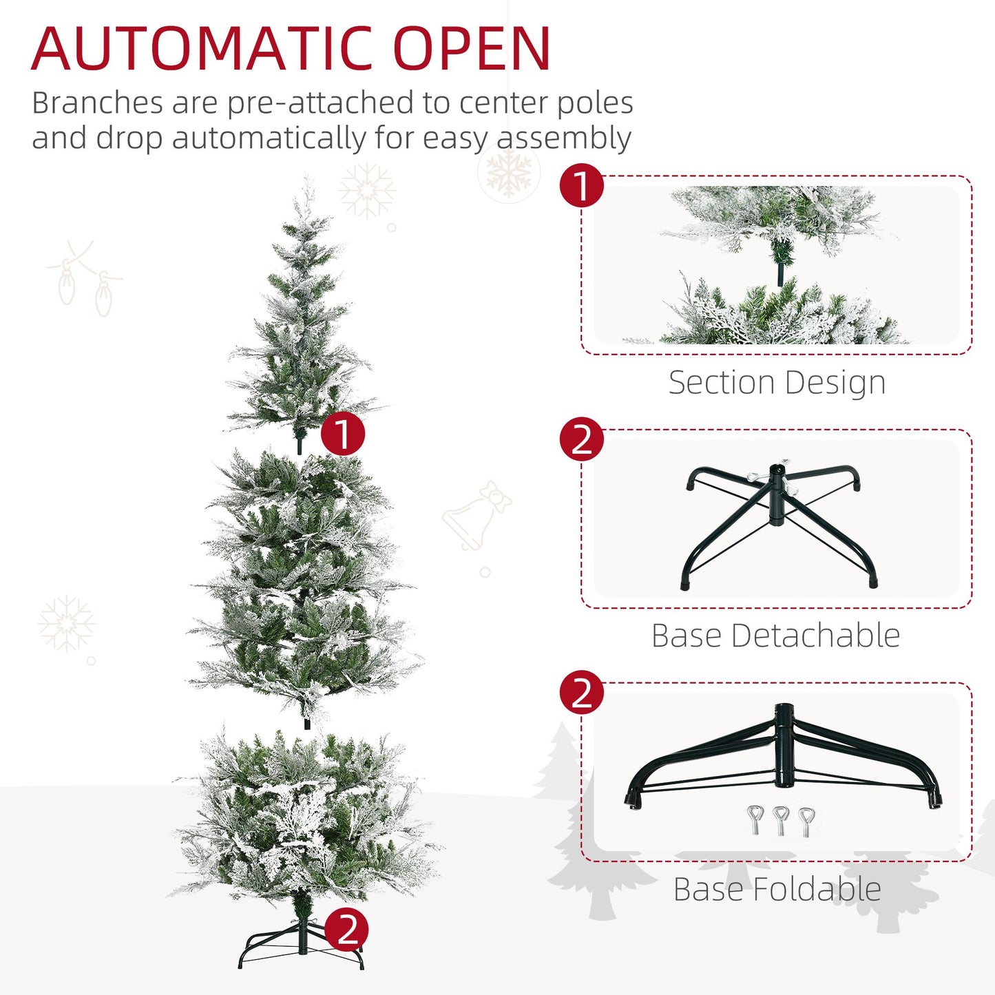 7.5 Feet Pencil Snow Flocked Artificial Christmas Tree With 880 Realistic Cypress Branches, Auto Open, Green