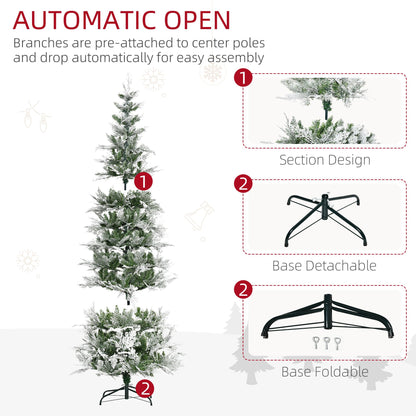 7.5 Feet Pencil Snow Flocked Artificial Christmas Tree With 880 Realistic Cypress Branches, Auto Open, Green
