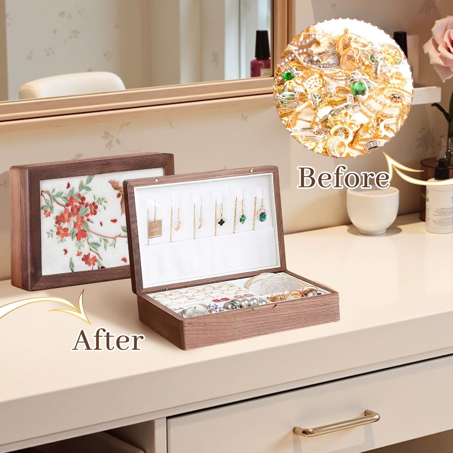Solid Wood Jewelry Storage Box Ladies Retro Wooden Necklace Jewelry Bracelet Watch Display Box Handmade Wedding Birthday Anniversary Jewelry Box