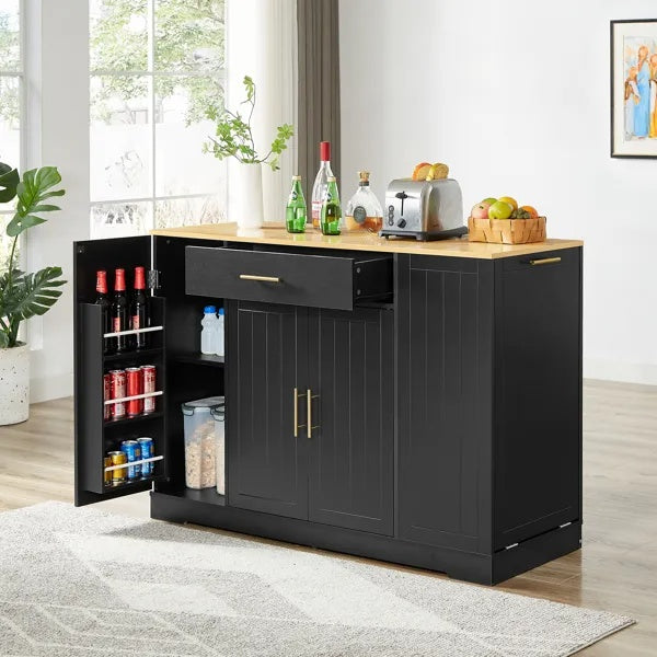 53 Inch Large Kitchen Island With Trash Can Storage Cabinet, Islands Table With Drawer And Adjustable Shelves, Breakfast Bar Cabinet For 13 Gallon Garbage Bin, Black & Oak