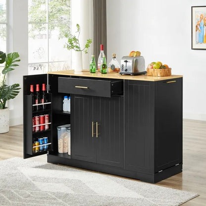 53 Inch Large Kitchen Island With Trash Can Storage Cabinet, Islands Table With Drawer And Adjustable Shelves, Breakfast Bar Cabinet For 13 Gallon Garbage Bin, Black & Oak
