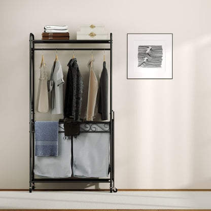 Multi-Functional Laundry Hamper Organizer With Hanging Rail And Storage Shelf Rolling Laundry Cart With Wheels