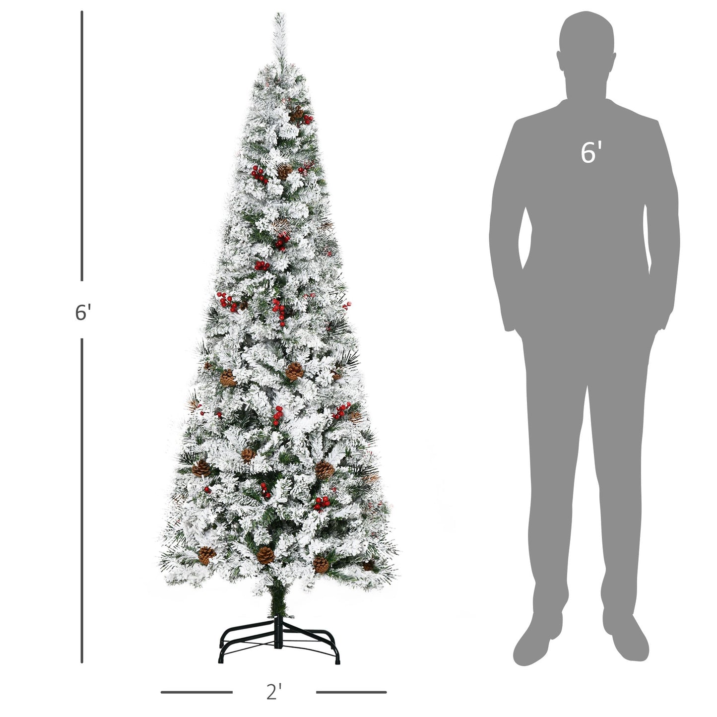 6 Foot Pencil Snow Flocked Artificial Christmas Tree With 600 Pine Realistic Branches, Pine Cones, Red Berries, Auto Open, Green