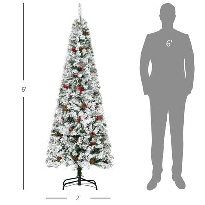 6 Foot Pencil Snow Flocked Artificial Christmas Tree With 600 Pine Realistic Branches, Pine Cones, Red Berries, Auto Open, Green