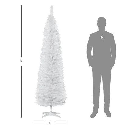 7' Pencil Christmas Tree, Slim Artificial Xmas Tree With Realistic Branches, Sturdy Metal Stand, White