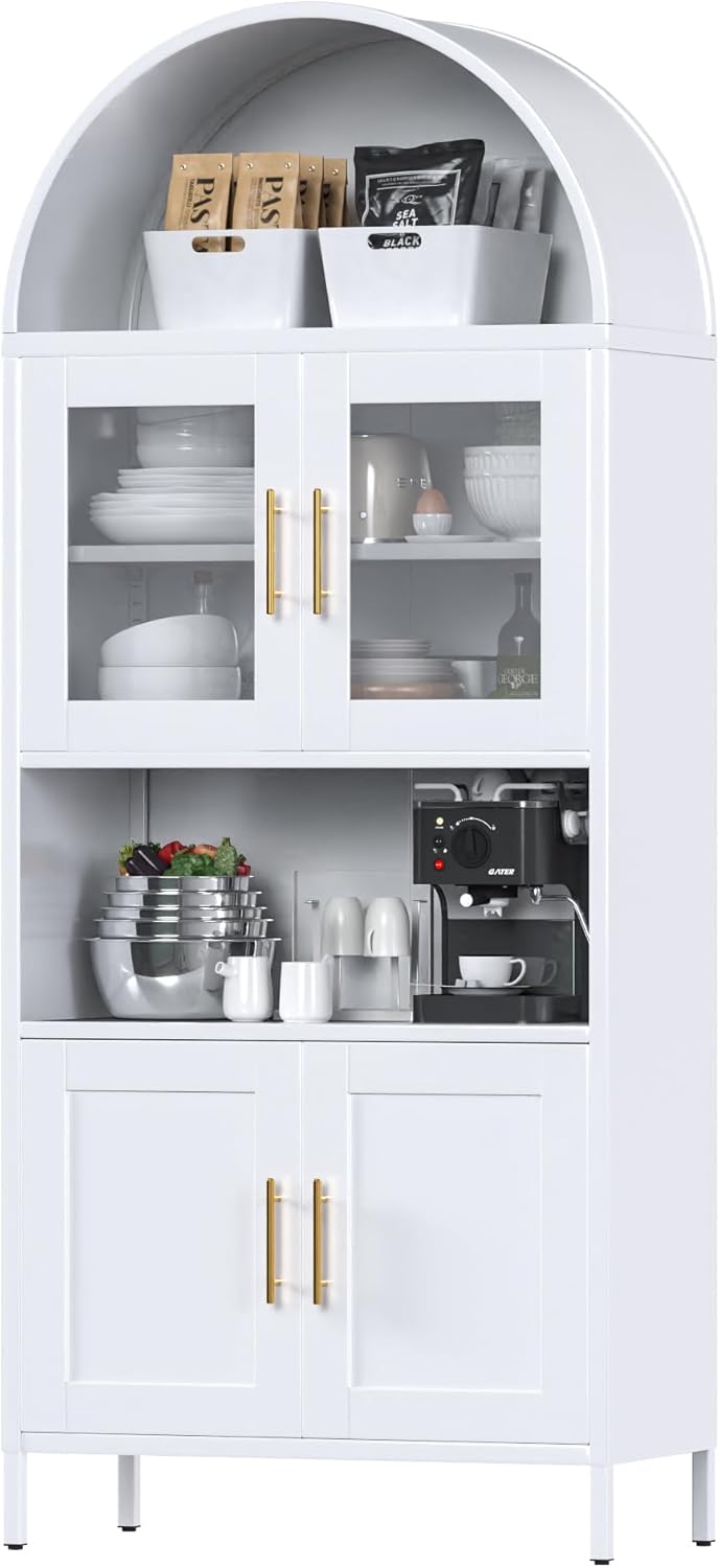 73 In Tall Metal Arched Cabinet, Kitchen Pantry Cabinet With Glass Door, Modern Farmhouse Arched Bookcase With 2 Adjustable Shelves For Living Room, White, Assembly Required