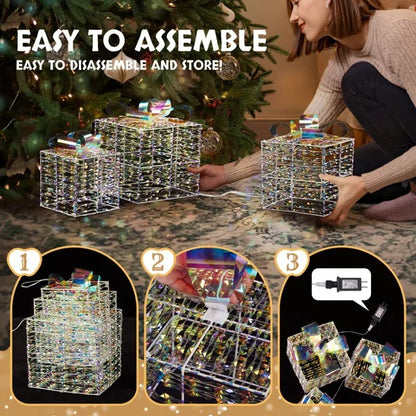 Lighted Iridescent Gift Boxes Set Of 3, Pre-lit Nestable Present Boxes Ornament With 140 LED Warm White Lights And Stakes For Christmas Outdoor Indoor Decor Lighted Holiday Displays