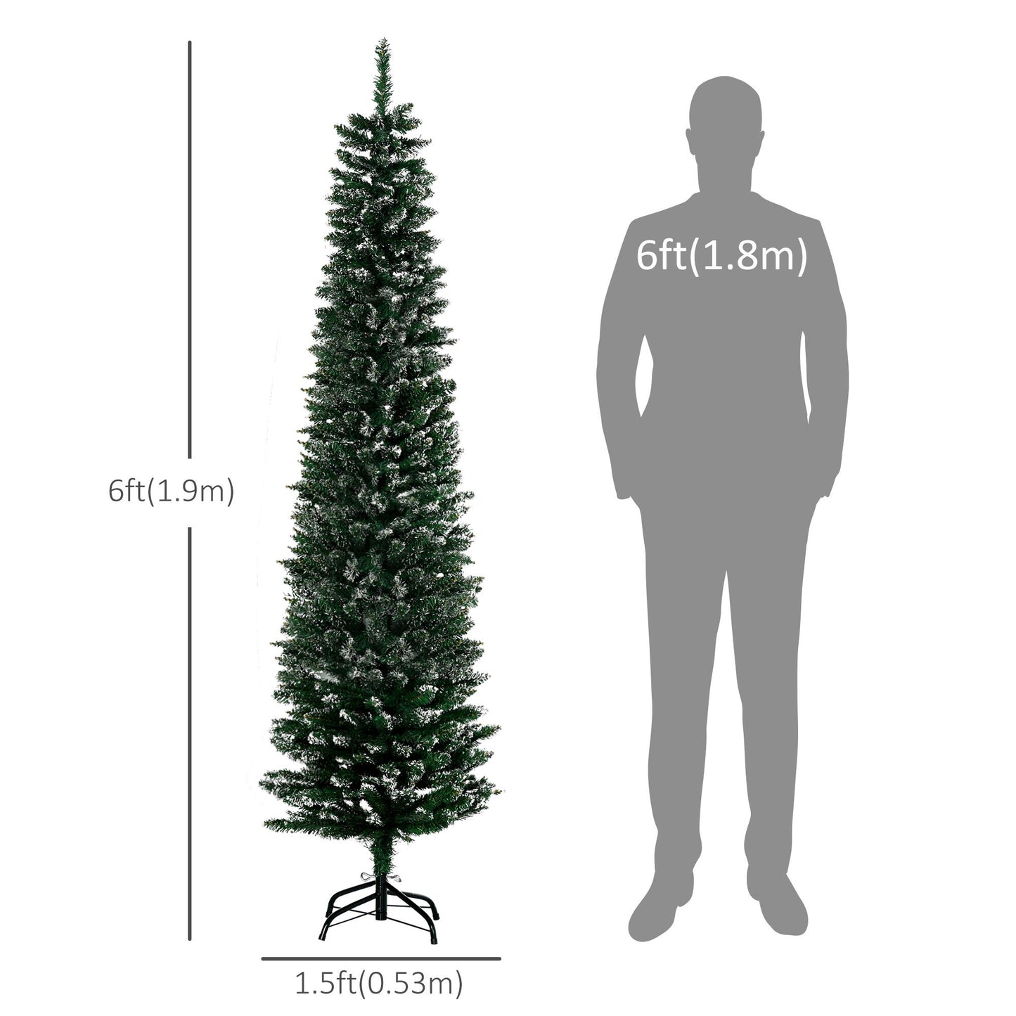 6FT Artificial Snow Dipped Christmas Tree Xmas Pencil Tree Holiday Home Indoor Decoration With Foldable Black Stand, Green