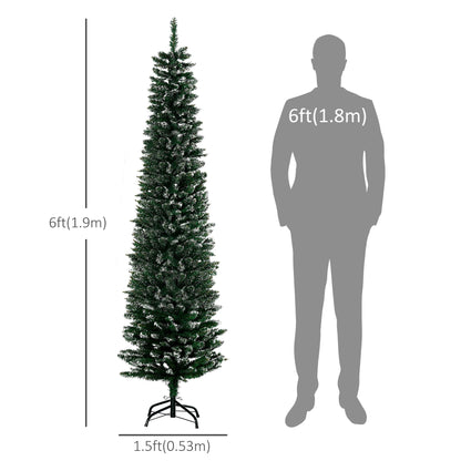 6FT Artificial Snow Dipped Christmas Tree Xmas Pencil Tree Holiday Home Indoor Decoration With Foldable Black Stand, Green