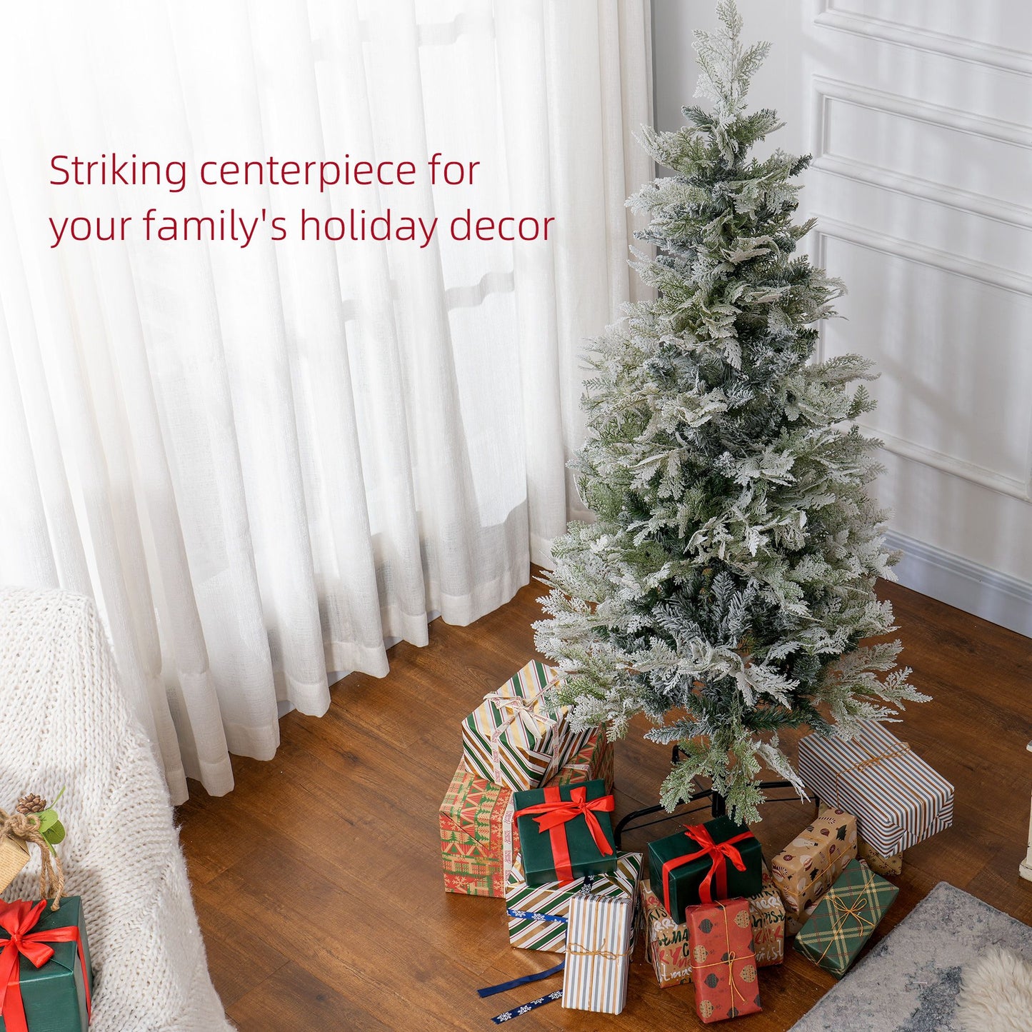 5 Feet Pencil Snow Flocked Artificial Christmas Tree With 517 Realistic Cypress Branches, Auto Open, Green