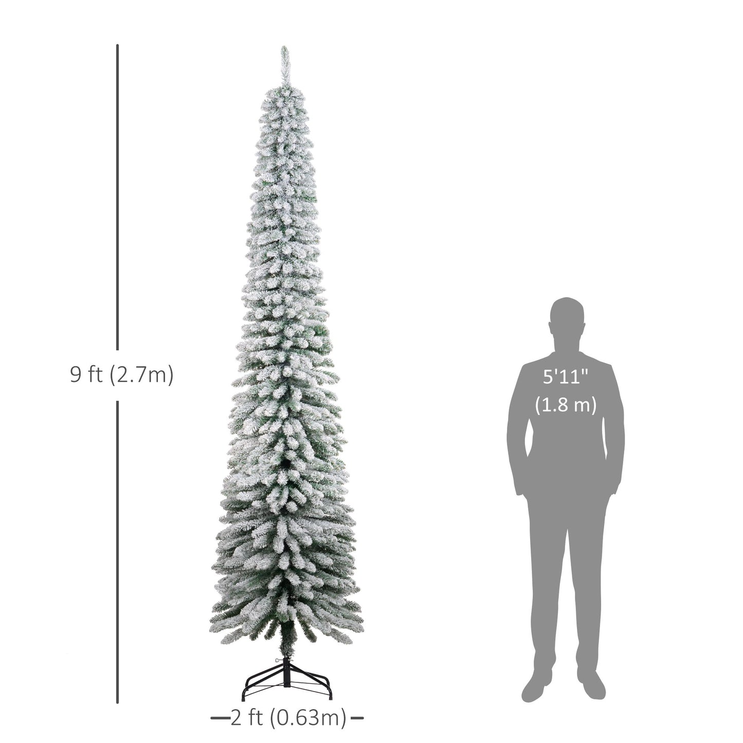 9ft Snow-Flocked Artificial Christmas Tree, Slim Pencil Xmas Tree With 714 Realistic Branches, Metal Base, Green