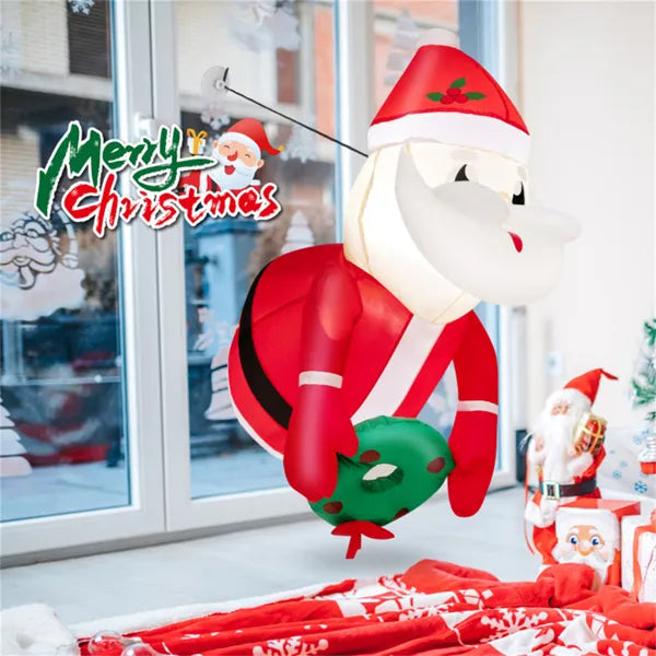 3.3FT Inflatable Window Santa & Wreath: 2 Internal LED Lights, 3 Suction Cups + 1 Rope, 45s Inflation
