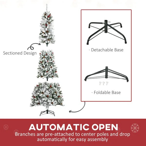 9-foot Pencil Snow Flocked Artificial Christmas Tree With 1350 Pine Realistic Branches, Pine Cones, Red Berries, Auto Open, Green