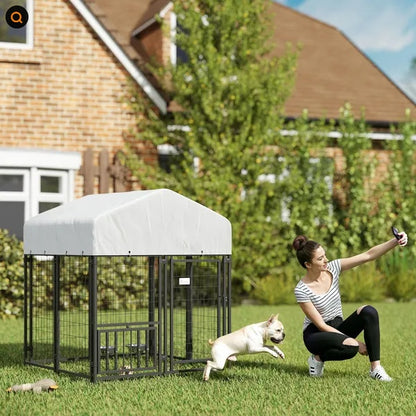 Welded Wire Outdoor Dog Kennel With 360 Rotating & 4 Levels Adjustable Bowls, Waterproof Cover