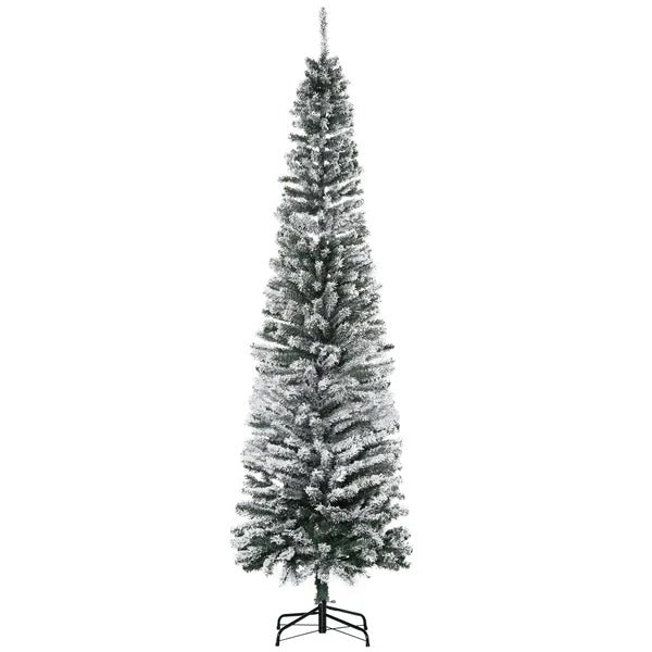7.5ft Flocked Christmas Tree, Pencil Christmas Tree With Realistic Branch Tips, Folding Metal Stand, Green