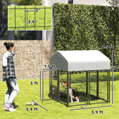 Welded Wire Outdoor Dog Kennel With 360 Rotating & 4 Levels Adjustable Bowls, Waterproof Cover