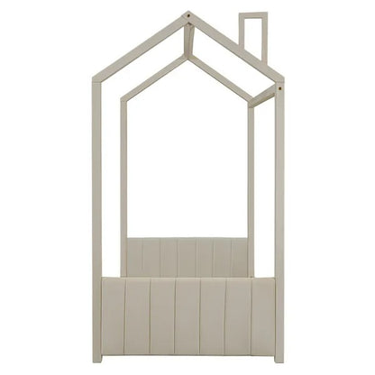 Twin Size Velvet House Bed Wood Bed, Beige