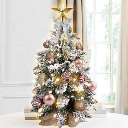 22in Mini Christmas Tree With Lights, Rose Gold Artificial Small Tabletop Christmas Tree With Flocked Snow, Exquisite Decor & Xmas Decorations For Table Top For Home & Office