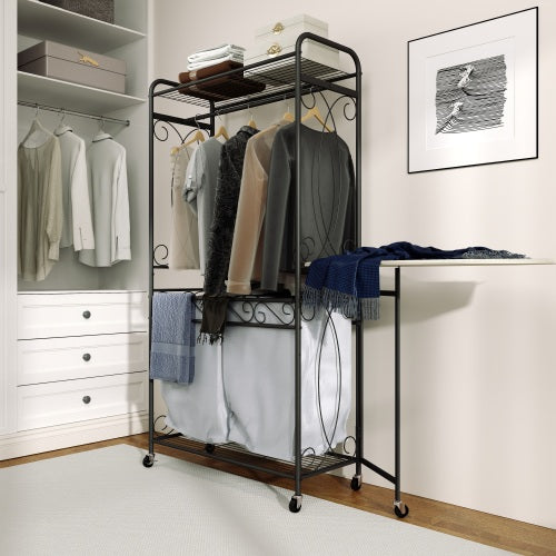 Multi-Functional Laundry Hamper Organizer With Hanging Rail And Storage Shelf Rolling Laundry Cart With Wheels