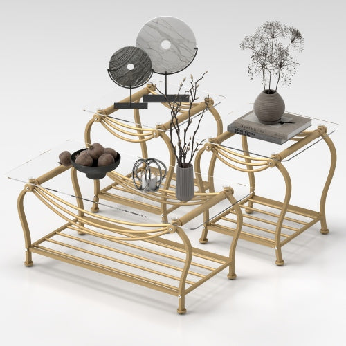Tempered Glass Surface 3-piece Set Tea Table Decoration Rectangular Tea Table